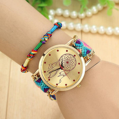 Vintage Women Ethnic Handmade Braided Quartz Watch Knitted Dreamcatcher Wristwatch