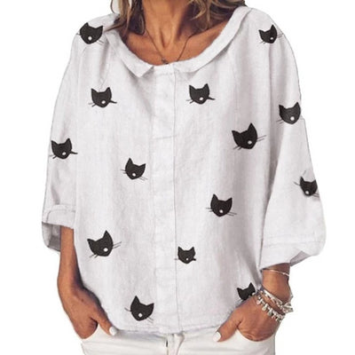 Cat printed Lapel Neck Three Quarter Sleeve Casual Shirt Autumn Blouse for woman