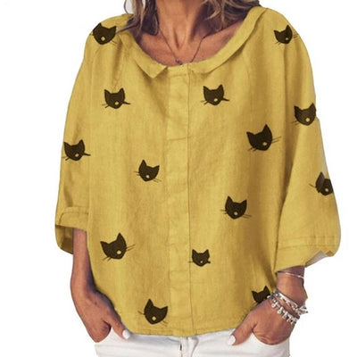 Cat printed Lapel Neck Three Quarter Sleeve Casual Shirt Autumn Blouse for woman