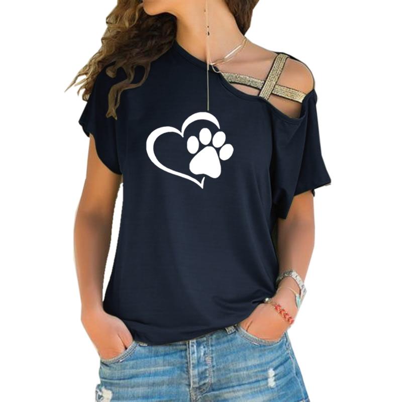 Dog Cat Paw Heart Bandage Off Shoulder T-Shirt For Women