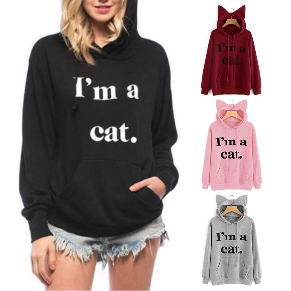 I'm a cat - Cat Ear Hoodie Long Sleeve Pullover Casual Tops for woman