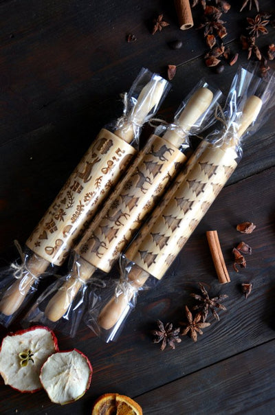 Small SET of 3 Mini Rolling Pin Embossed Gift for Christmas Ornament Rolling Pin Tree Christmas Reindeer