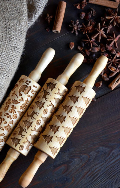 Small SET of 3 Mini Rolling Pin Embossed Gift for Christmas Ornament Rolling Pin Tree Christmas Reindeer