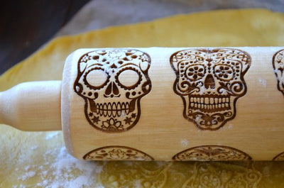 Sugar Skull Gift Halloween Decor Idea Rolling Pin Cookie Stamp Baking Supply Girlfriend Gift Idea Thanksgiving Wooden Roller Engraved