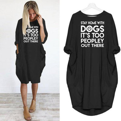 STAY HOME WITH DOGS - DRESS WOMEN POCKET WOMEN PUNK COTTON OFF SHOULDER TOPS