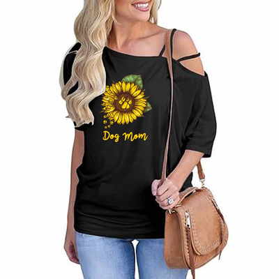 Dog Mom - Slanted Sleeve Off The Shoulder T-Shirt For Women