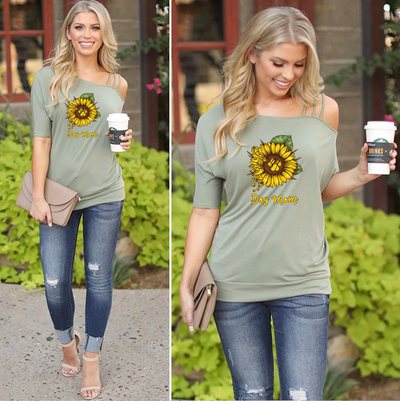 Dog Mom - Slanted Sleeve Off The Shoulder T-Shirt For Women