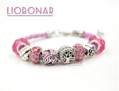 Pink Leather Family Tree Pink Ribbon Breast Cancer Awareness Bracelets Jewelry Gift for Cancer Center Foundation