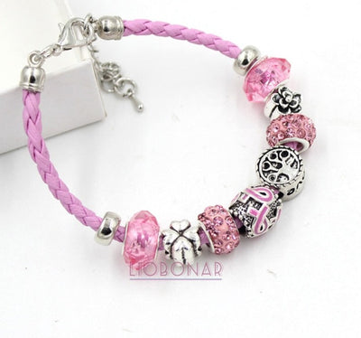 Pink Leather Family Tree Pink Ribbon Breast Cancer Awareness Bracelets Jewelry Gift for Cancer Center Foundation