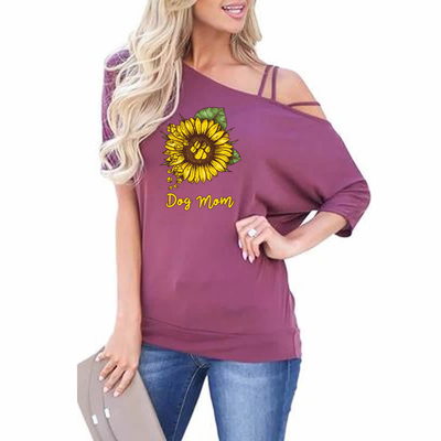 Dog Mom - Slanted Sleeve Off The Shoulder T-Shirt For Women