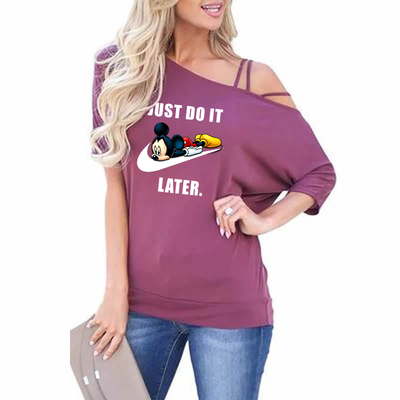 Just do it - Slanted Sleeve Off The Shoulder T-Shirt For Women