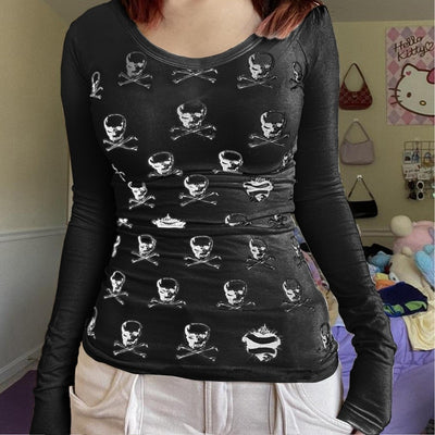Dourbesty Y2k Goth Grunge Crop Tops Women Graphic Skull Print T Shirts Aesthetic Vintage Casual Sweat Tee Korean Fashion Clothes