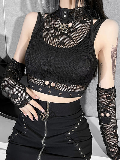 Goth Dark Skull Fishnet Mall Gothic Women Tank Tops Grunge Aesthetic Punk Black Crop Top With Glove E-girl Emo Alternative Vests