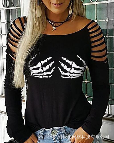 Ladder Cutout Studded Skull Hand Pattern Top O Neck Hollow Out Long Sleeve Fashion Casual T Shirt Tops