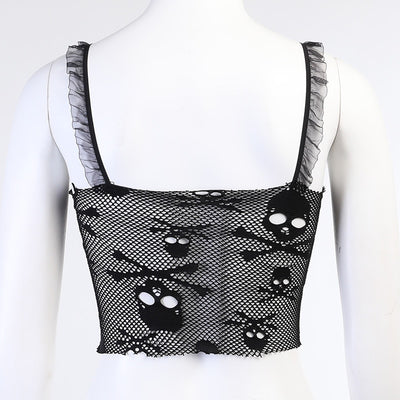 Sexy Mesh Patchwork Transparant Back Body Crop Top Women Sleeveless Clubwear Gothic Style Skull Graphic Embroidery Black Camis