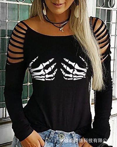 Ladder Cutout Studded Skull Hand Pattern Top O Neck Hollow Out Long Sleeve Fashion Casual T Shirt Tops