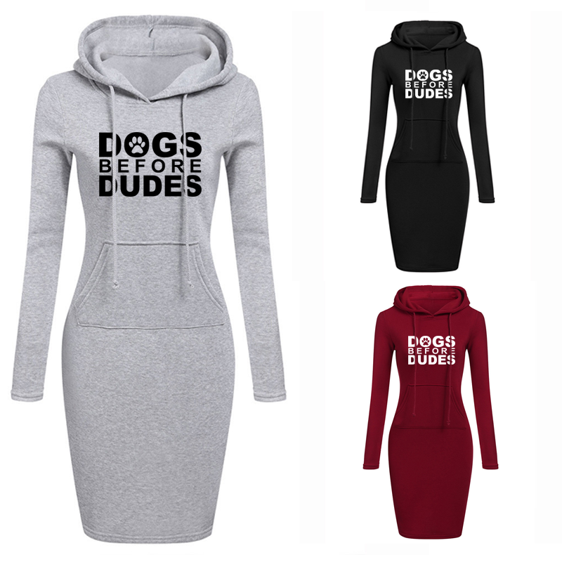 Dogs before dudes - Hoodie Sweatershirt Dress Long Sleeve O-Neck Casual