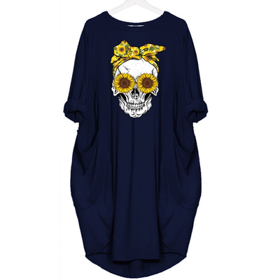 Skull Head with bow - DRESS WOMEN POCKET WOMEN PUNK COTTON OFF SHOULDER TOPS