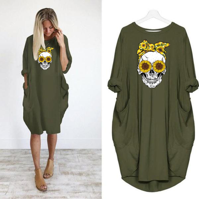 Skull Head with bow - DRESS WOMEN POCKET WOMEN PUNK COTTON OFF SHOULDER TOPS