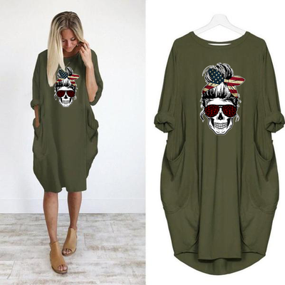 Flag Skull Head - DRESS WOMEN POCKET WOMEN PUNK COTTON OFF SHOULDER TOPS