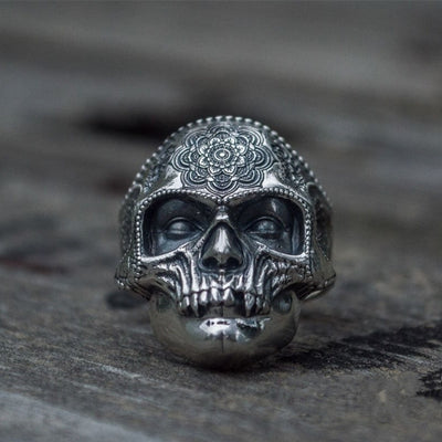 Unique Silver Color 316L Stainless Steel Heavy Sugar Skull Ring Mens Mandala Flower Santa Muerte Biker Jewelry