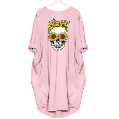 Skull Head with bow - DRESS WOMEN POCKET WOMEN PUNK COTTON OFF SHOULDER TOPS