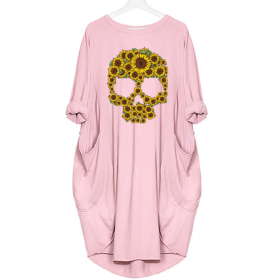 Sunflower Skull Head  - DRESS WOMEN POCKET WOMEN PUNK COTTON OFF SHOULDER TOPS