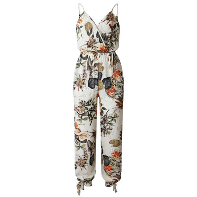 Boho Casual Sleeveless Jumpsuits Ladies Floral Bodysuit Wide Leg Loose Long Pants Trousers