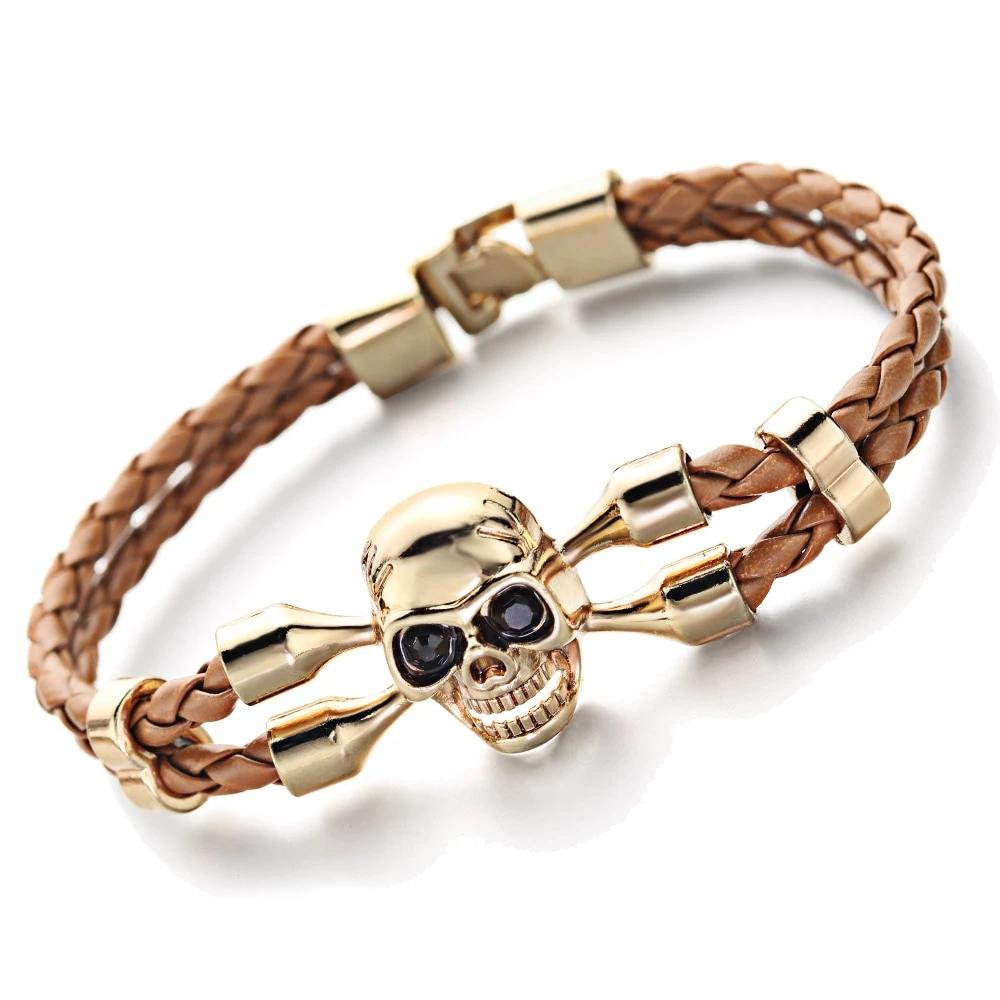 Skull Bracelets Leather Top Quality Bracelets & Bangles Hand Made Skeleton Charm