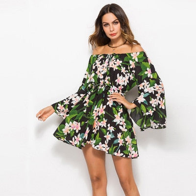 Flower  Casual Bell Sleeve Off Shoulder Sexy Dress for Women