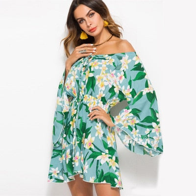 Flower  Casual Bell Sleeve Off Shoulder Sexy Dress for Women