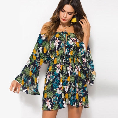 Flower  Casual Bell Sleeve Off Shoulder Sexy Dress for Women