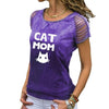 CAT MOM - Letters Print T-Shirt For Women Dyed Bandage Short Sleeve Plus Size