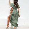 Boho Maxi Dress Women Floral  Long Chiffon Dress Ruffles Wrap Casual V-Neck Split Summer Beach