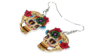 Statement Acrylic Classic Halloween Floral Skull Earrings