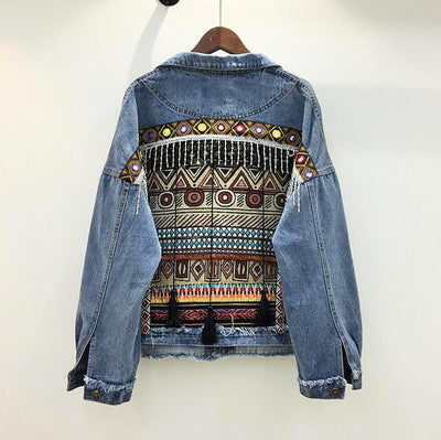 Denim Boho Hippie vintage ethnic appliques Embroidery tassel loose coat long sleeve jacket for women