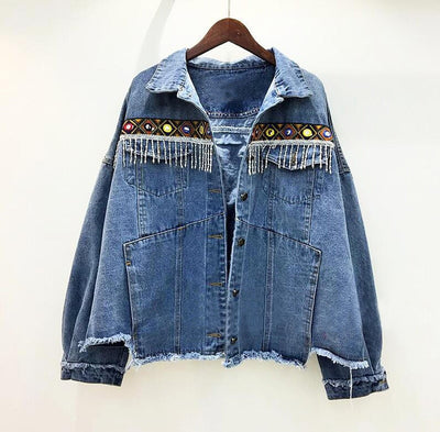 Denim Boho Hippie vintage ethnic appliques Embroidery tassel loose coat long sleeve jacket for women