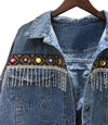 Denim Boho Hippie vintage ethnic appliques Embroidery tassel loose coat long sleeve jacket for women