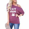 CAT MOM - T-Shirt For Women Slanted Shoulder Sleeve Off The Shoulder