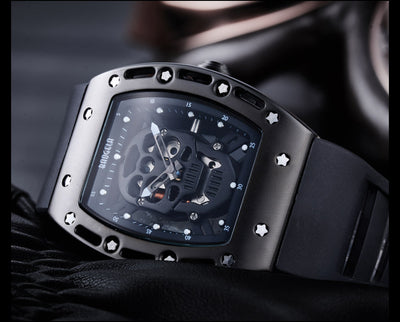 Black Silicone Strap Army Skull Rectangle Dial Face with Stars Quartz Watches