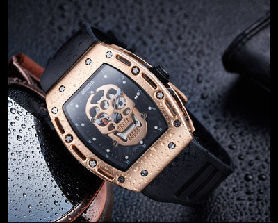 Black Silicone Strap Army Skull Rectangle Dial Face with Stars Quartz Watches