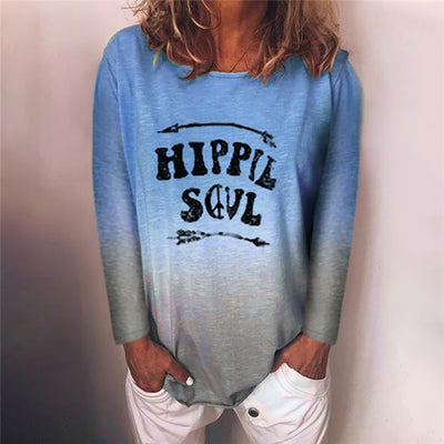 Hippie Soul Gradient Cute Graphic Tees Long Sleeve Causal Women Tshirts