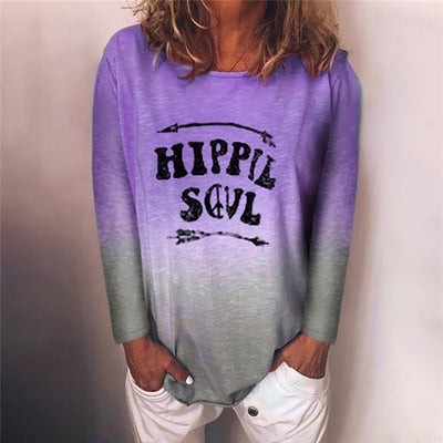 Hippie Soul Gradient Cute Graphic Tees Long Sleeve Causal Women Tshirts