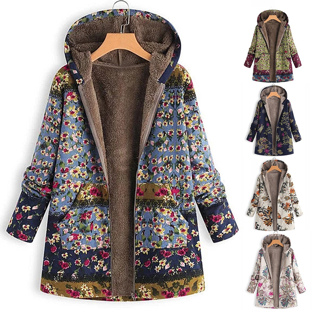 Womens Coat Winter Warm Outwear Floral Print Hooded Pockets Vintage Oversize