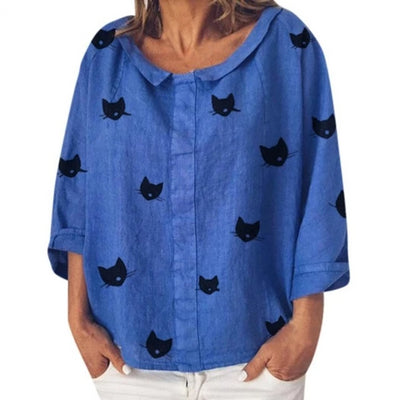 Cat printed Lapel Neck Three Quarter Sleeve Casual Shirt Autumn Blouse for woman