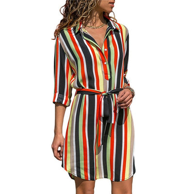 Boho  Long Sleeve Shirt Beach Dress Women Casual Striped A-line Mini Party Dress