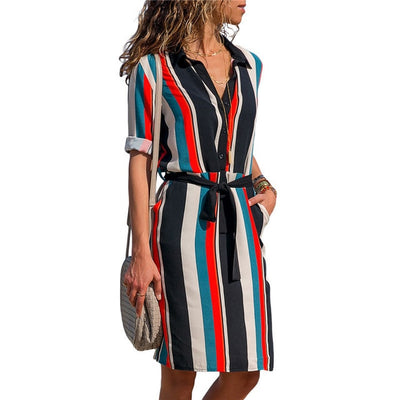 Boho  Long Sleeve Shirt Beach Dress Women Casual Striped A-line Mini Party Dress