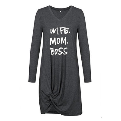 WIFE MOM BOSS  - Twisted Long Sleeve Dress  For Women