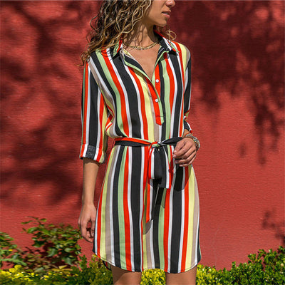 Boho  Long Sleeve Shirt Beach Dress Women Casual Striped A-line Mini Party Dress