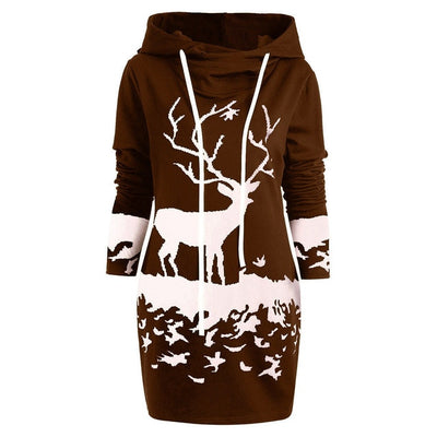 Christmas Monochrome Reindeer Printed Hooded Drawstring  casual dress women